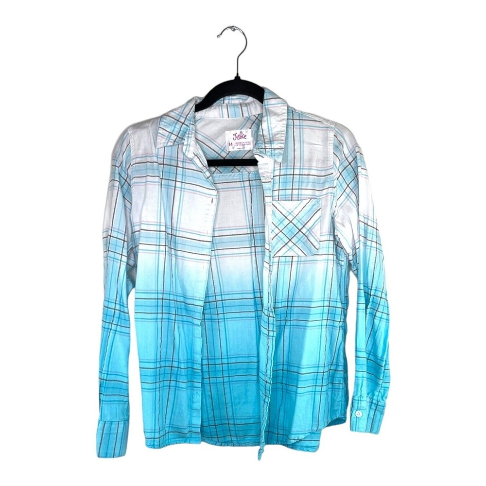 Justice Soft Plaid Girls Shirt Sz 14 Blue White Metallic Button Soft‎ Comfy